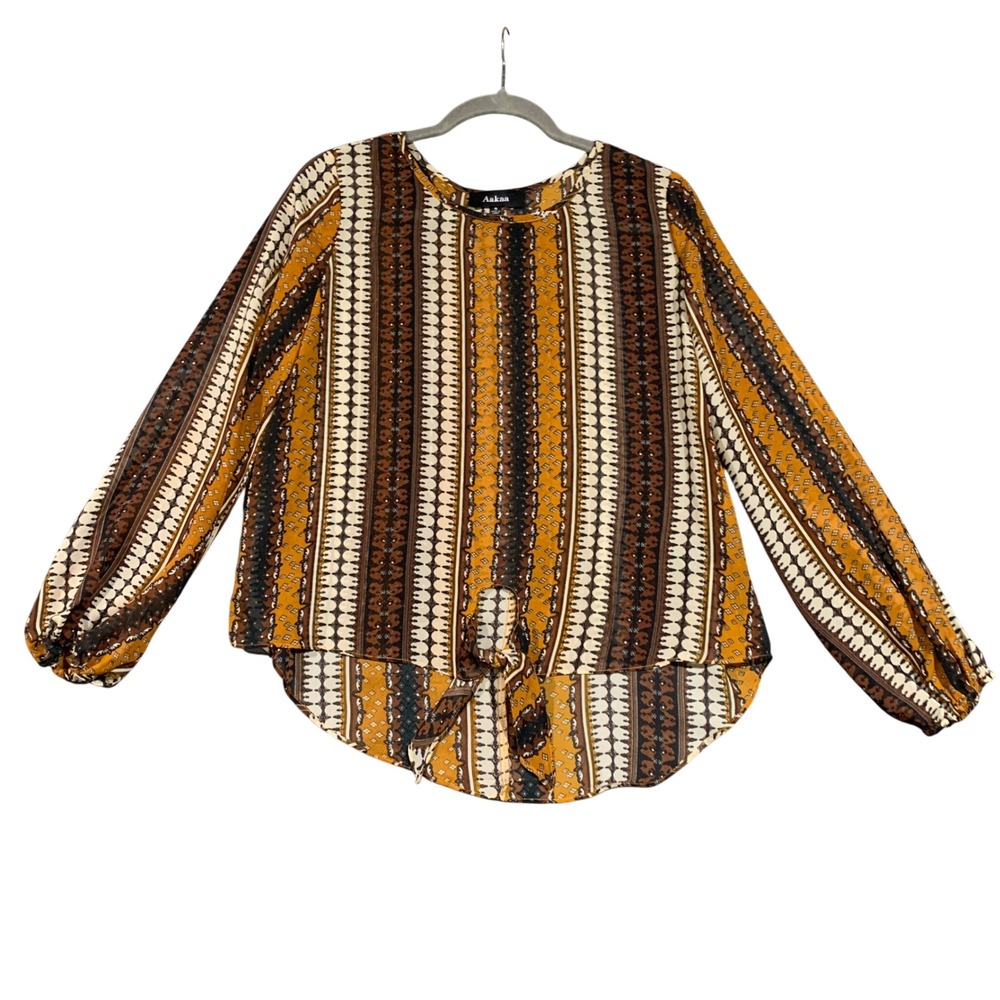 Womens Small Sheer Boho Geometric Stripe Tie Front High Low Blouse Brown Black